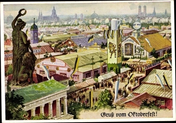 Künstler Ak München, Oktoberfest, Festzelte, Besucher, Panorama - 3529671