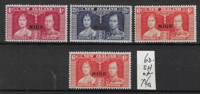 NIUE 1937 CORONATION SET (3) MNH. + 6d SHORT OVERPRINT MNH. SG.72-74, 74a.(8155)