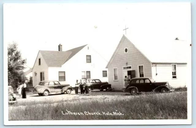 POSTCARD RPPC Lutheran Church Hale Michigan 1940's Automobiles
