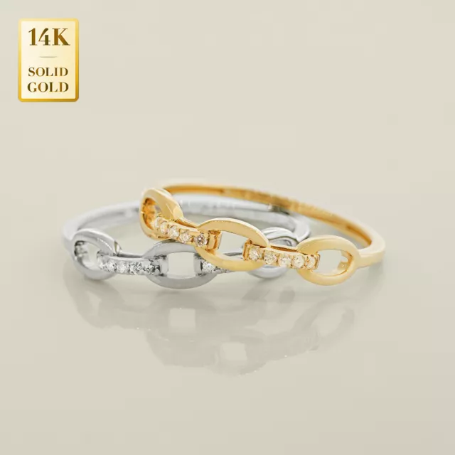 14K REAL Diamond Chain Link Band Ring, Real Solid Gold Natural Genuine Diamond