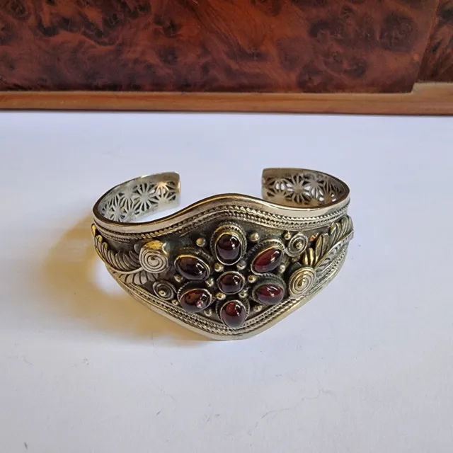 Vintage Victorian Sterling Silver Bracelet Cuff Red Garnet Stone