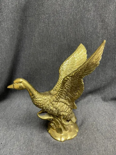 Brass Flying Mallard Duck 9" Tall Statue Figure Vintage solid Very Detailed EUC