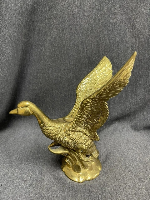 Brass Flying Mallard Duck 9" Tall Statue Figure Vintage solid Very Detailed EUC