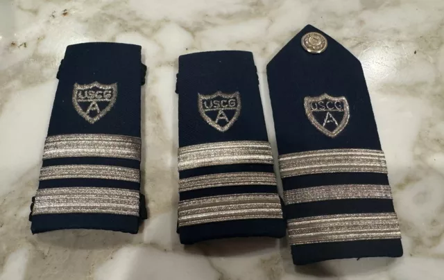 3 Genuine U.S. COAST GUARD AUXILIARY HARD SHOULDER BOARD 3 STRIPES & SILVER A