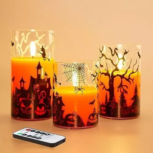 Eywamage Orange Halloween LED Candles with Remote, Flickering Flameless Pilla...