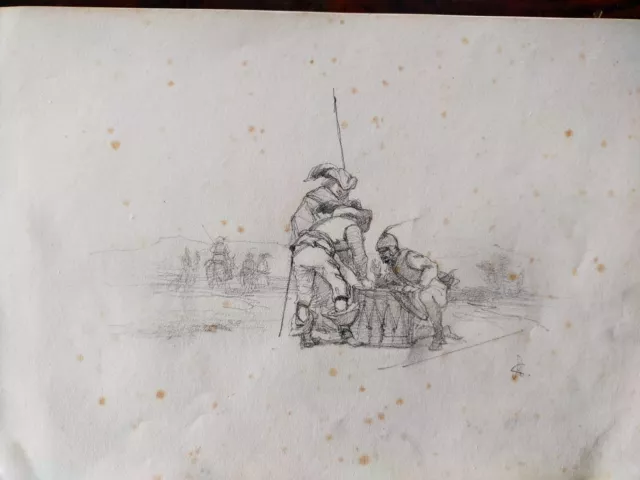 Zeichnung Antike Auf Papier Bleistift Soldaten XIX Jahrhundert Monogrammiert A