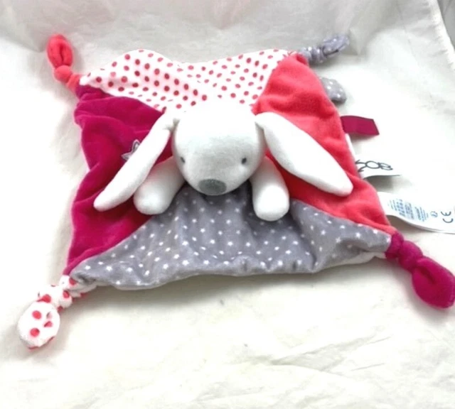 Doudou plat marionnette Charline lapin OBAIBI rose gris étoiles 4 noeuds 28 cm