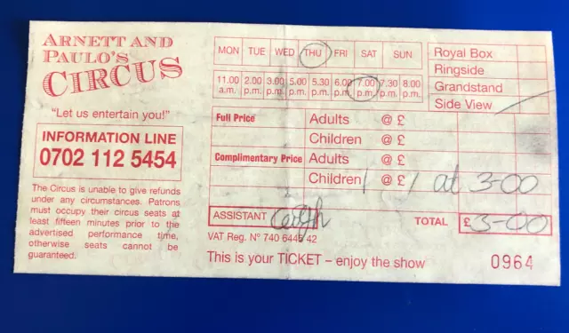 Very Rare !Arnett And Paulo's Circus Ticket.