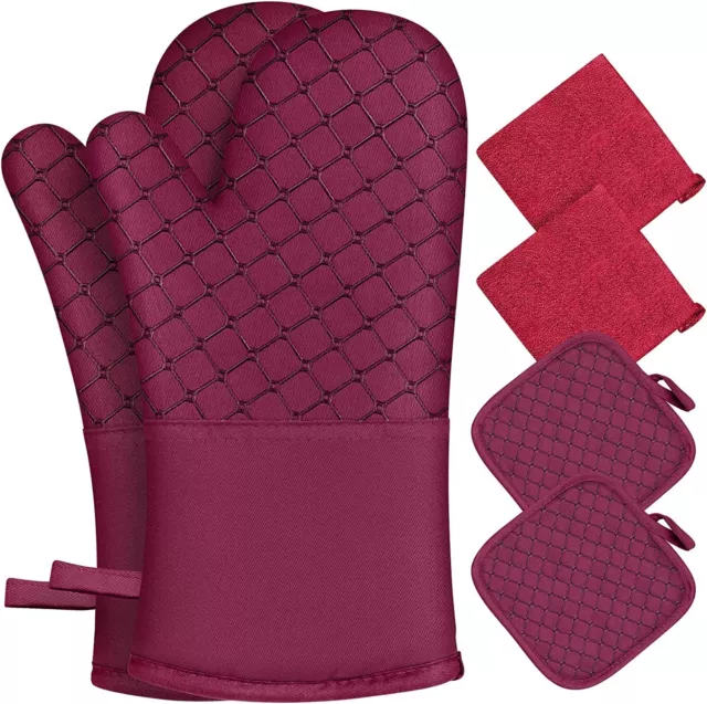 Silicone Oven Mitts and Pot Holders Heavy Duty Cooking Kitchen Rag Burgundy 6 Pc