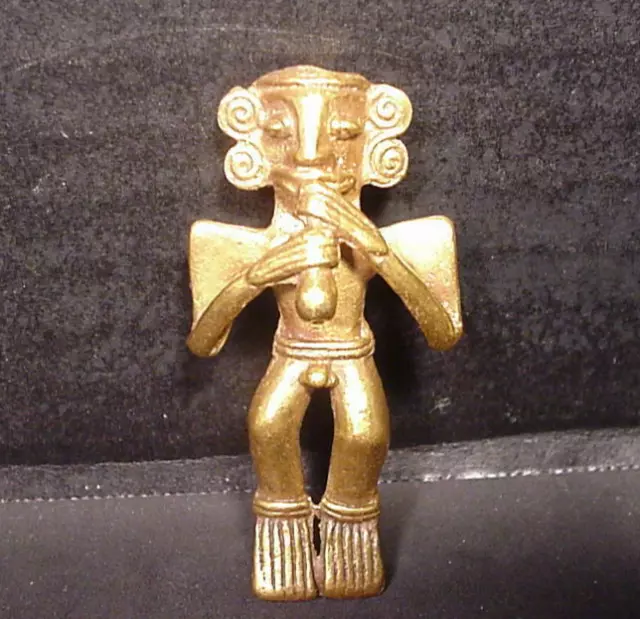 Aztec Mayan Inca Nude Male Figural Brooch Pin Playing Flute Gold Plated