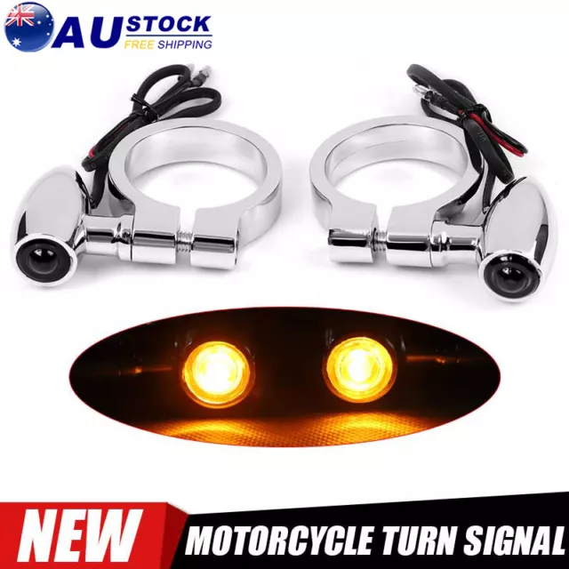 2PCS Chrome Motorcycle Front Fork LED Turn Signal Indicator Amber Blinkers 41mm