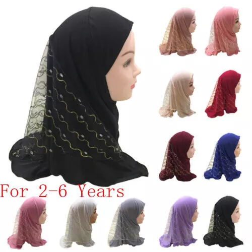 Muslim Kids Girls Amira Scarf One Piece Hijab Mesh Islamic Headwear Wrap 2-6Y