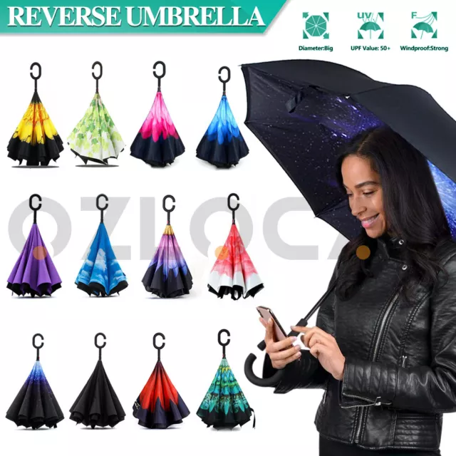 Windproof Inverted Upside Down Reverse Umbrella C-Handle Double Layer Inside-Out