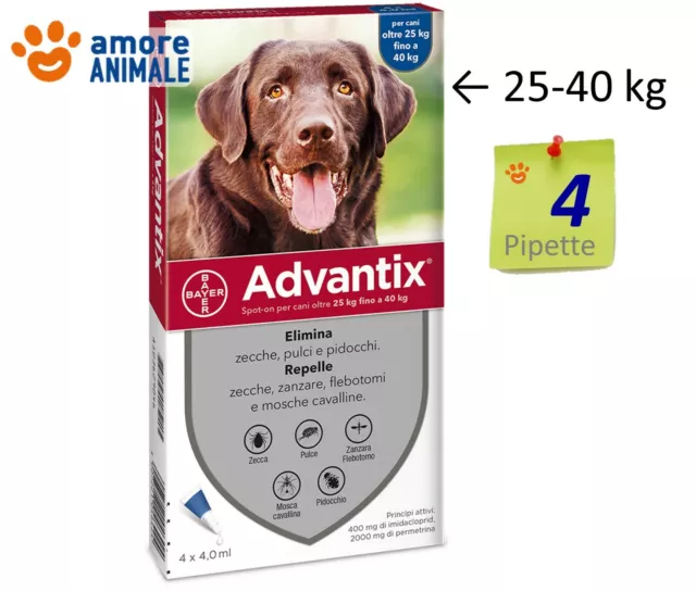 Advantix Bayer 4 pipette per cani da 25 a 40 kg ( 25-40 ) Antiparassitario cane