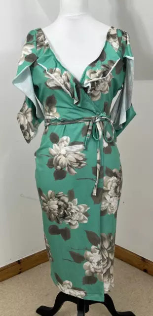 ASOS Jersey Wrap Dress Green & Brown Floral Size 8 Frilly Neck Sleeveless V-Neck