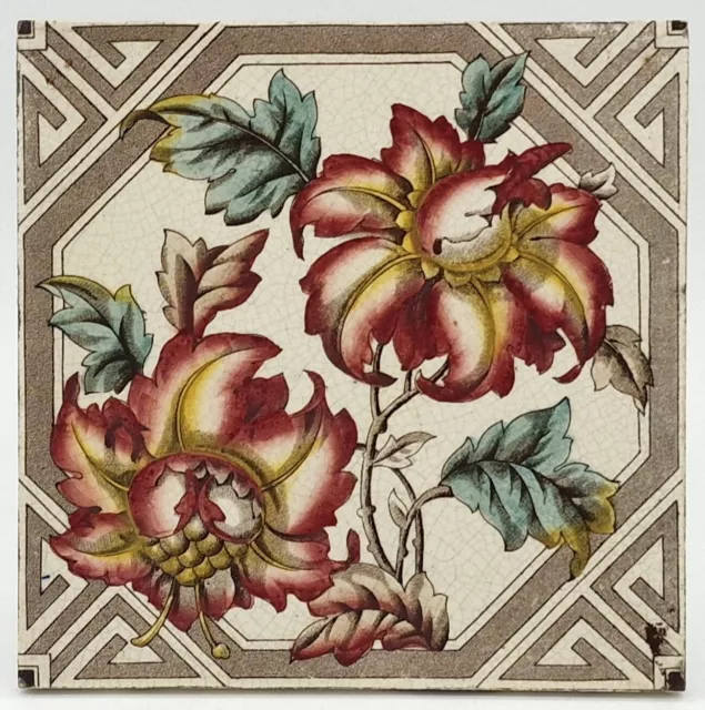 Antique Fireplace Tile Floral Print & Tint T.R Boote C1880 AE4