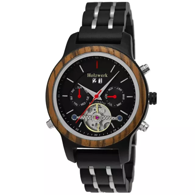 Holzwerk BINGEN Damen, Herren Automatik Holz Uhr Chronograph mit Datum, schwarz