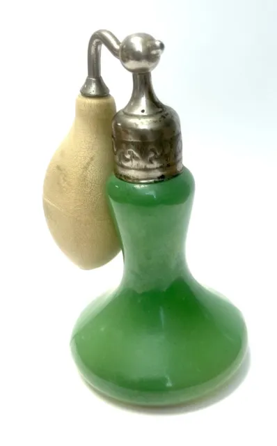 Vintage Devilbiss Perfume Atomizer Bottle Jade Green Glass Silver Toned Top