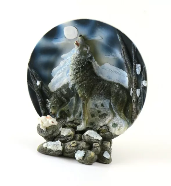 3D Wolf Howling at the Moon Decoration with Matching Stand, Cast Resin