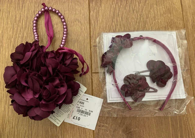 Borsa da ragazza con fiori Debenhams con fascia Alice abbinata e set diapositive nuova con etichette prugna