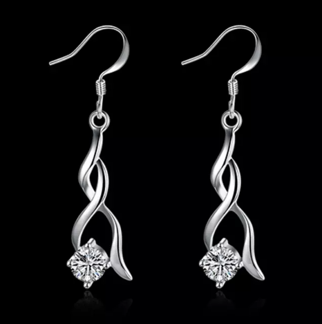 Womens Sterling Silver CZ Crystal Twisted Spiral Long Drop Dangle Earrings #EA68