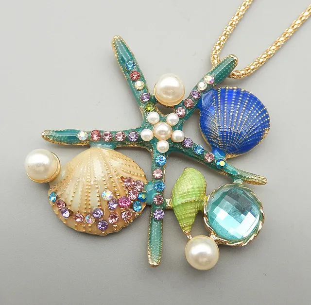 Blue Enamel Crystal Starfish Shell Conch Pendant Fashion Long Necklace 2