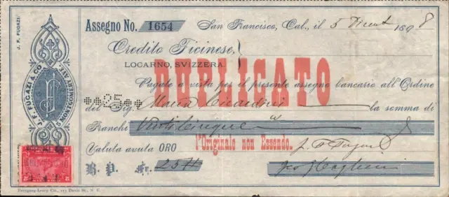 1898 SWISS BANK USED CHEQUE antique banking check SAN FRANCISCO shipping company
