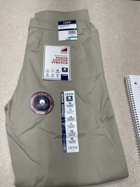 IZOD Boy's Flat Front Pant 16 Reg. Khaki Adjustable Waist Stretch Uniform/Dress