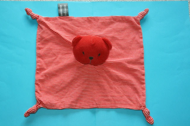 Orchestra Premaman Doudou Ours Plat Rouge Raye Blanc Noeuds Excellent Etat