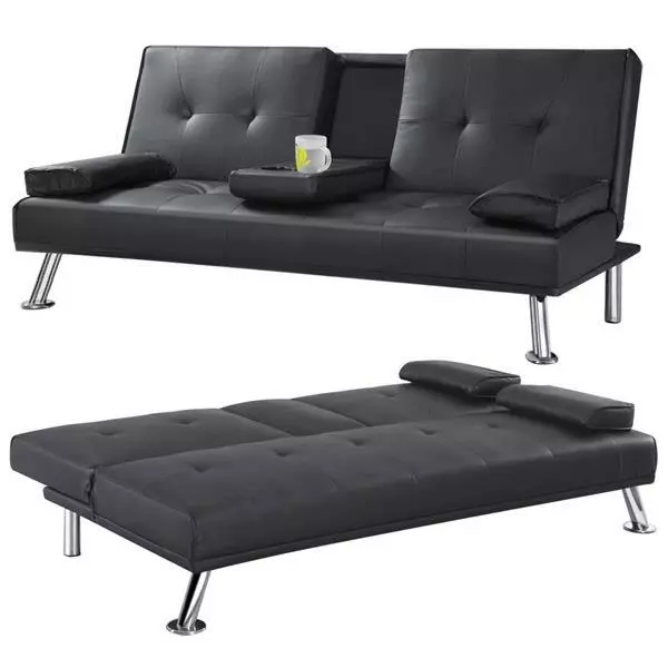 3 Seaters Faux Leather Sofa Bed Recliner Click Clack Sofa Bed with Cup Holder