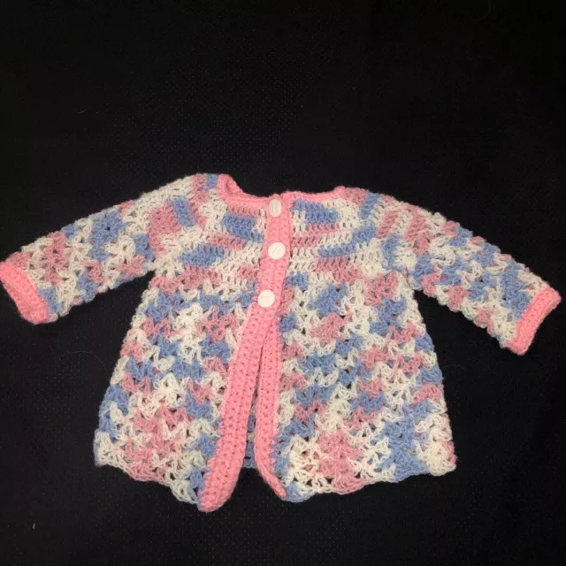 Sweet Vintage 60s Hand Crocheted Baby Sweater Infant Girl Pink White Blue Unused