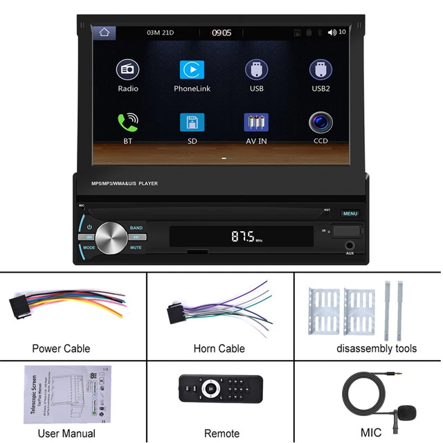 7"Flip out Single DIN Car Radio Stereo Wireless Carplay Android Auto Mirror Link