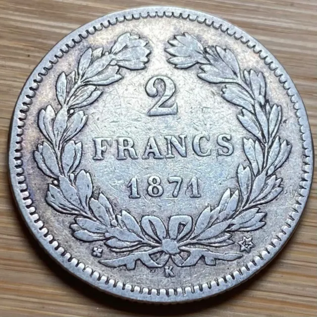 Piece De 2 Francs En Argent Cérès 1871 K Sans Légende. (1221) Rare !!! Qualité