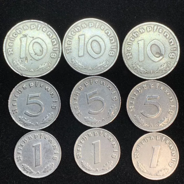 9 Coin Lot Third Reich WW2 German Reichspfennig Zinc Coins Buy 3 Get 1 Free 2