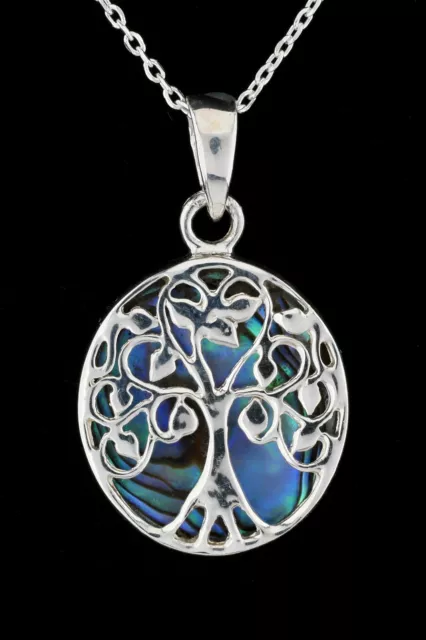 Solid 925 Sterling Silver Tree Of Life Pendant Necklace Abalone Paua Shell