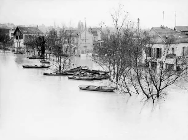 Floods in Joinville-le-Pont in France during a flood of the Marne Old Photo