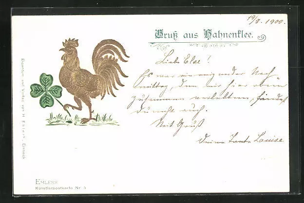 Präge-AK Hahnenklee, Hahn mit Kleeblatt in der Kralle 1900