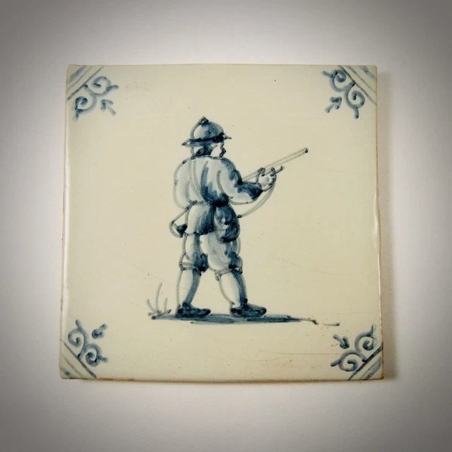 Antique Delft Tile w/ Blue Decoration - Hunter and rifle shotgun