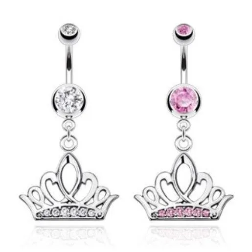 Gem Paved Pretty Crown Belly Navel Ring Dangle Cz Button Piercing Jewelry B676