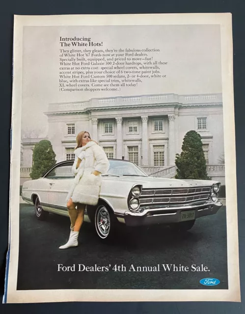 1967 Woman white fur coat Ford Galaxie 500 car vintage photo print ad