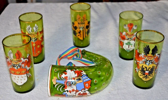 Circa 1800s - Moser Main Soufflé & Émaillé Allemande Armoiries Corne & Verres