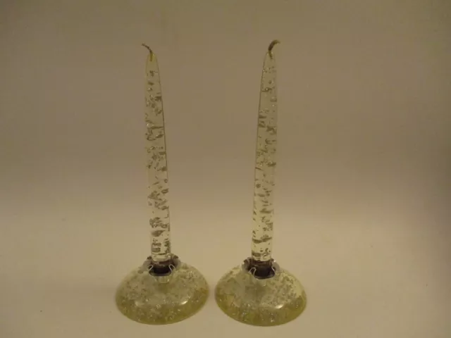 Pair 2 Vintage Hempstead Creation Silver Flake Clear Lucite 8" Candles w/ Stands