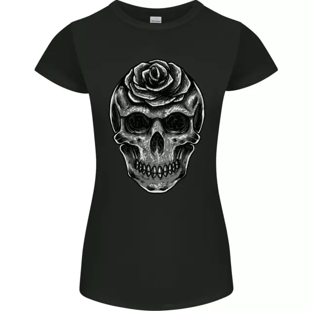 Rose Skull Biker Gothic Womens Petite Cut T-Shirt