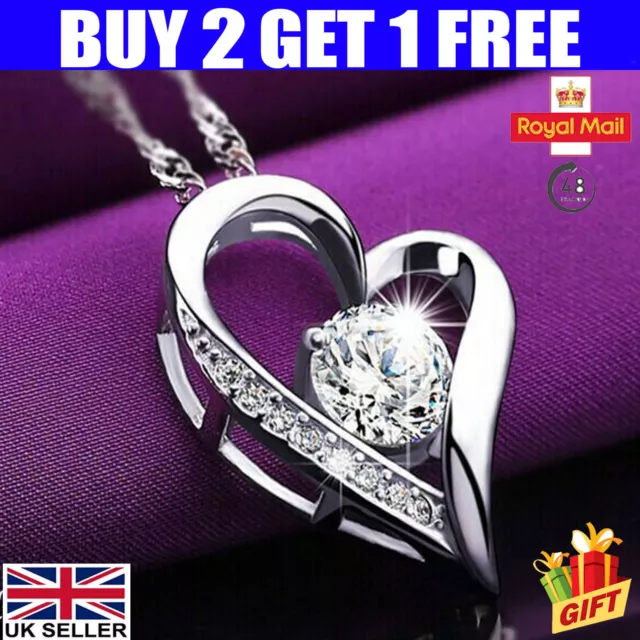 Crystal Heart Pendant 925 Sterling Silver Necklace Chain Women Jewellery Gift UK