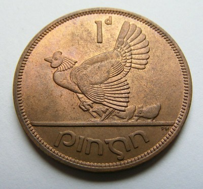 1967 Irish One Penny Coin Old Ireland 1d High Grade With Mint Luster