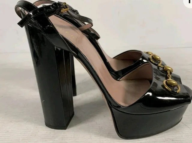 Gucci Claudie Patent Leather Platform Horsebit Sandals Heels  Size 39.5. US 8.5