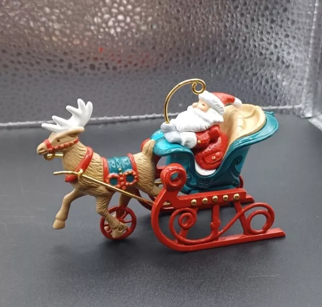 Hallmark Santa Claus Sleigh Reindeer Christmas Steel & Plastic Ornament