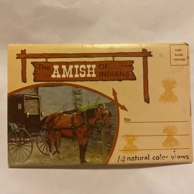 The Amish of Indiana 14 Natural Color Views Foldout  Postcard Vintage Horses