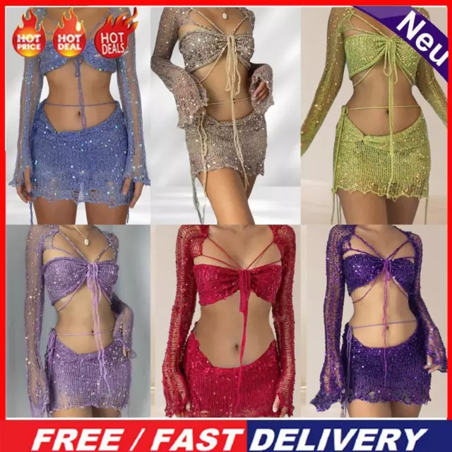 Ladies Sequins 3 Piece Skirt Sets Y2k Style Lace Up Hollow Out Clubwear Clothing