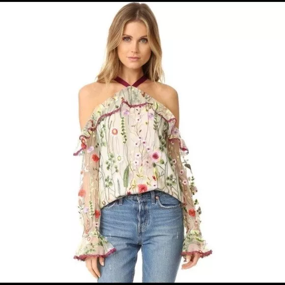 ALEXIS Revolve Ivory KYLIE Embroider Ruffle Mesh Blouse Cold Shoulder Size M Top